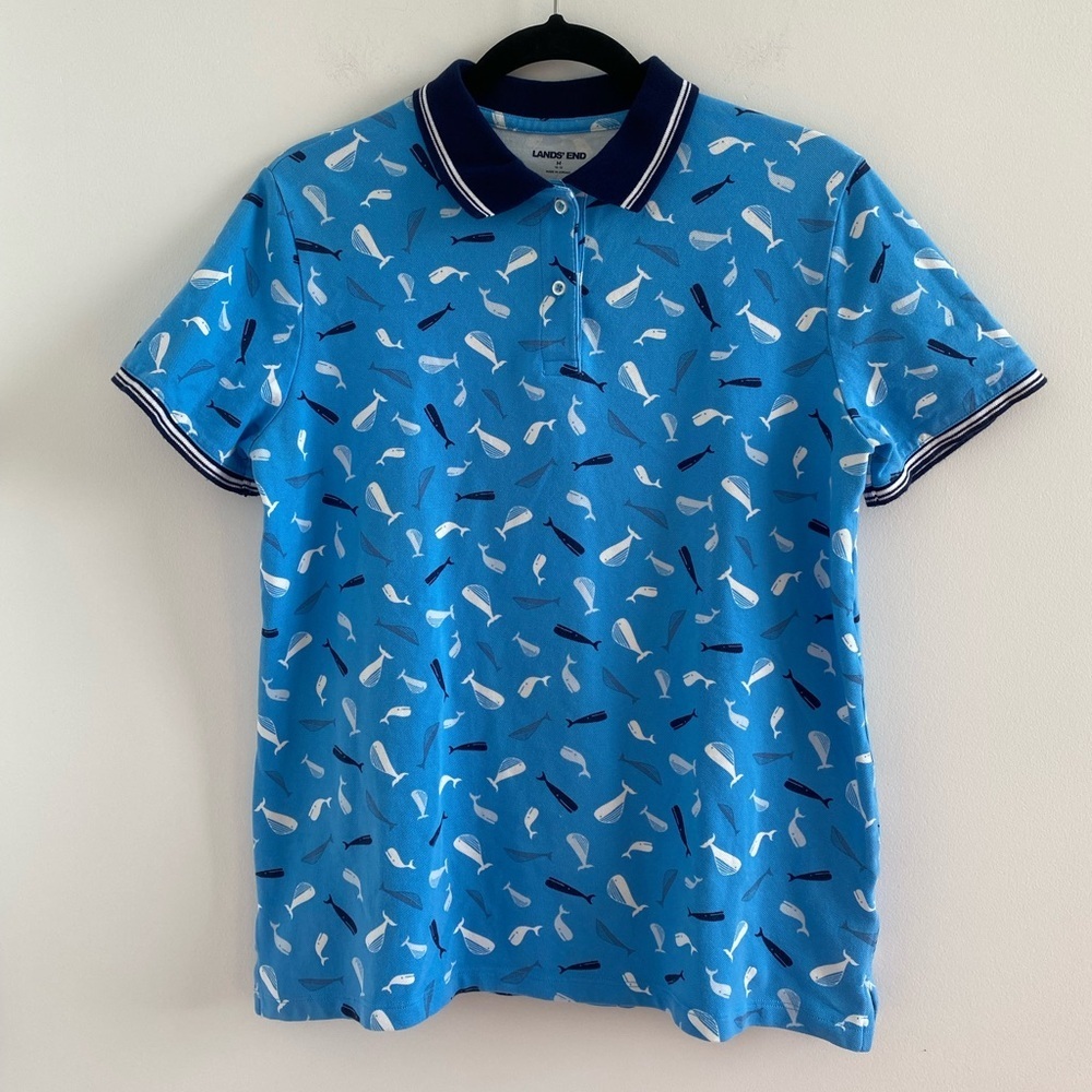 Lands' End Blue Whale Novelty Print Nautical Short Sleeve Polo Golf Shirt Size M